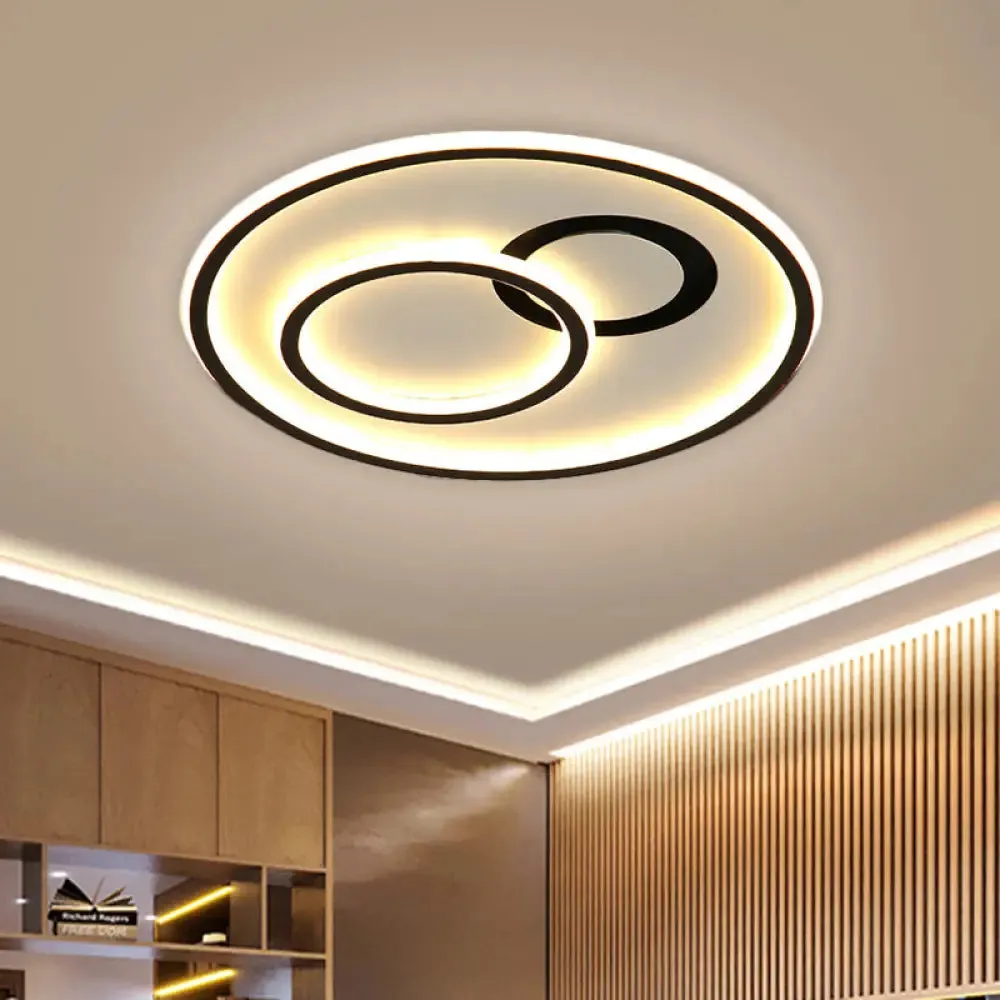 16"/19.5" Modern Round Flush Lamp Metallic LED Ceiling Fixture, Black, 3 Color Light - Perfect for Living Rooms