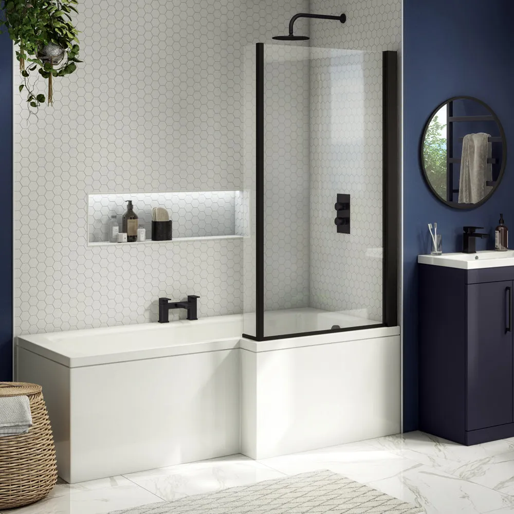 1700MM L SHAPE SHOWER BATH, PANEL AND MATT BLACK SCREEN