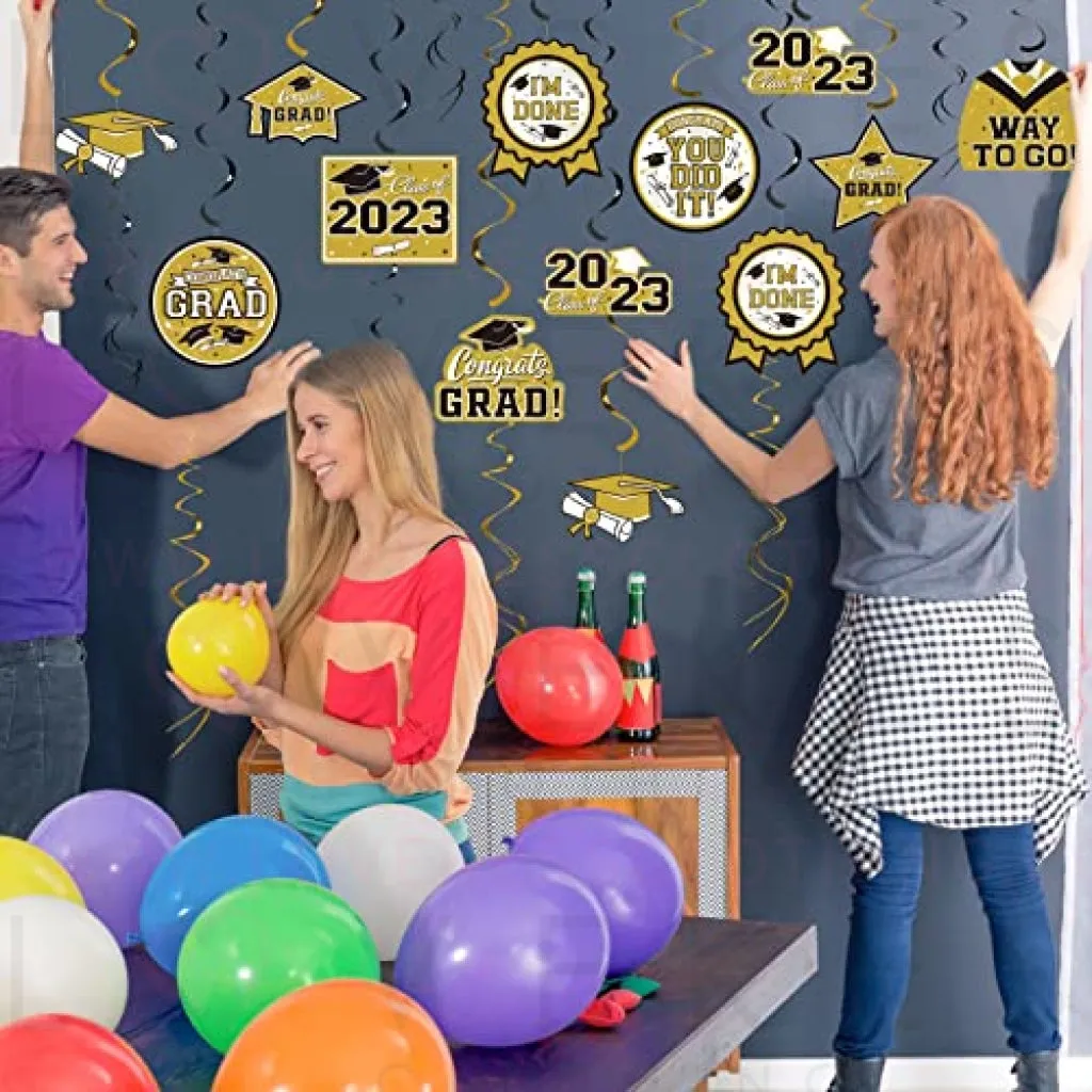 31 Pieces Graduation Party Supplies, 2023 Graduation Hanging Swirl Congrats Grad and Graduation Party Decorations(Glod, Black)