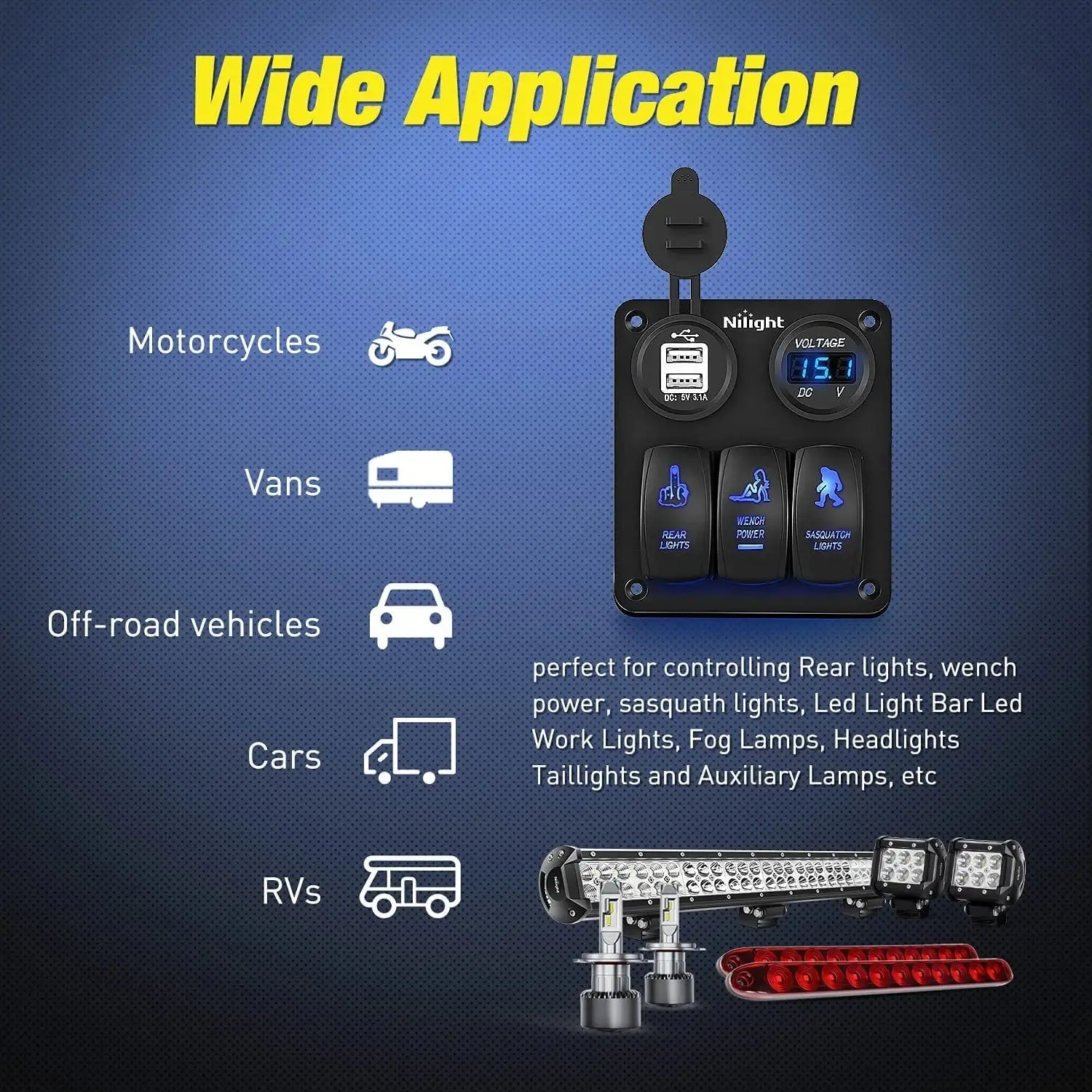 3Gang Sasquatch Lights/Wench Power/Rear Lights 5Pin ON/Off Rocker Switch Panel W/ USB Charger LED Voltmeter