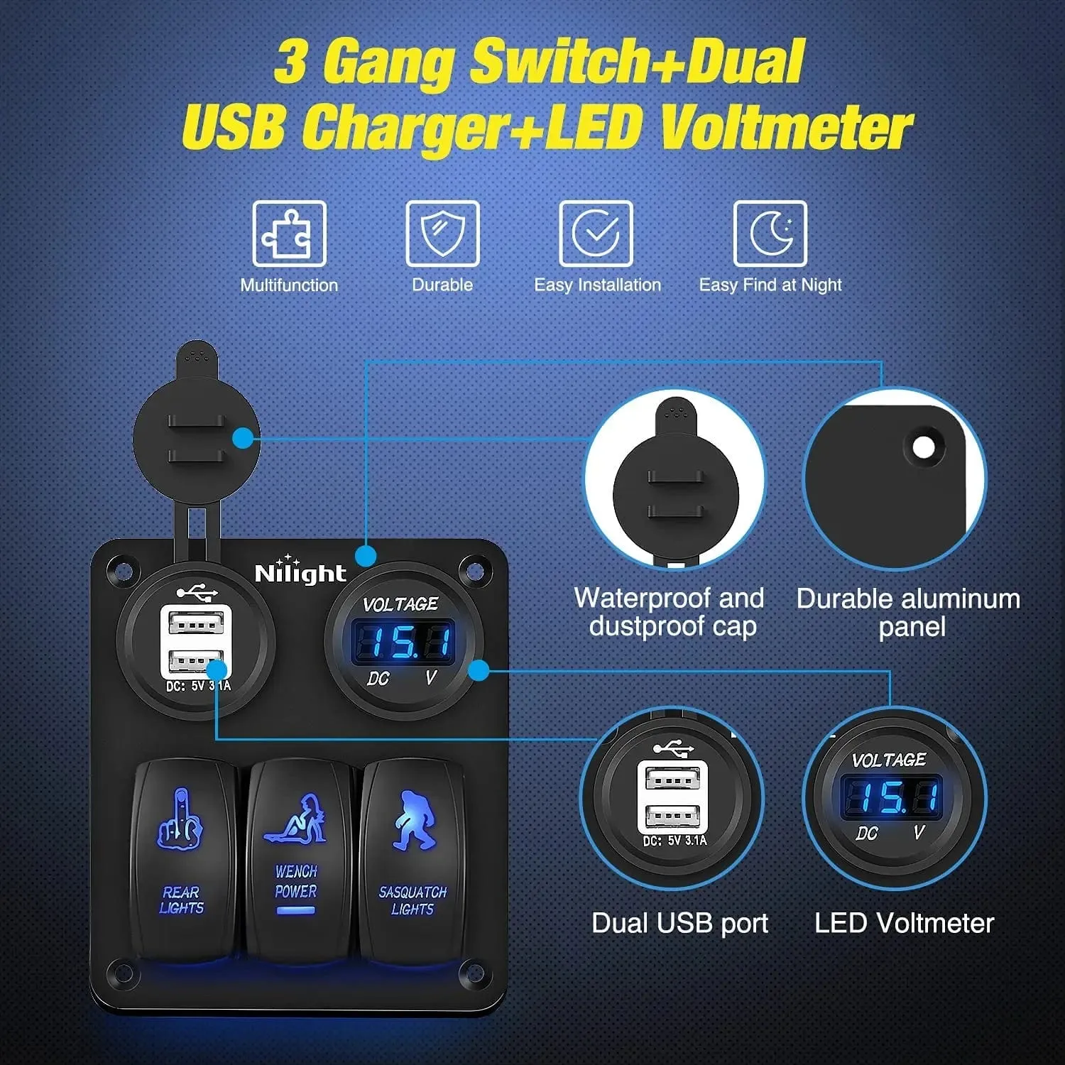 3Gang Sasquatch Lights/Wench Power/Rear Lights 5Pin ON/Off Rocker Switch Panel W/ USB Charger LED Voltmeter