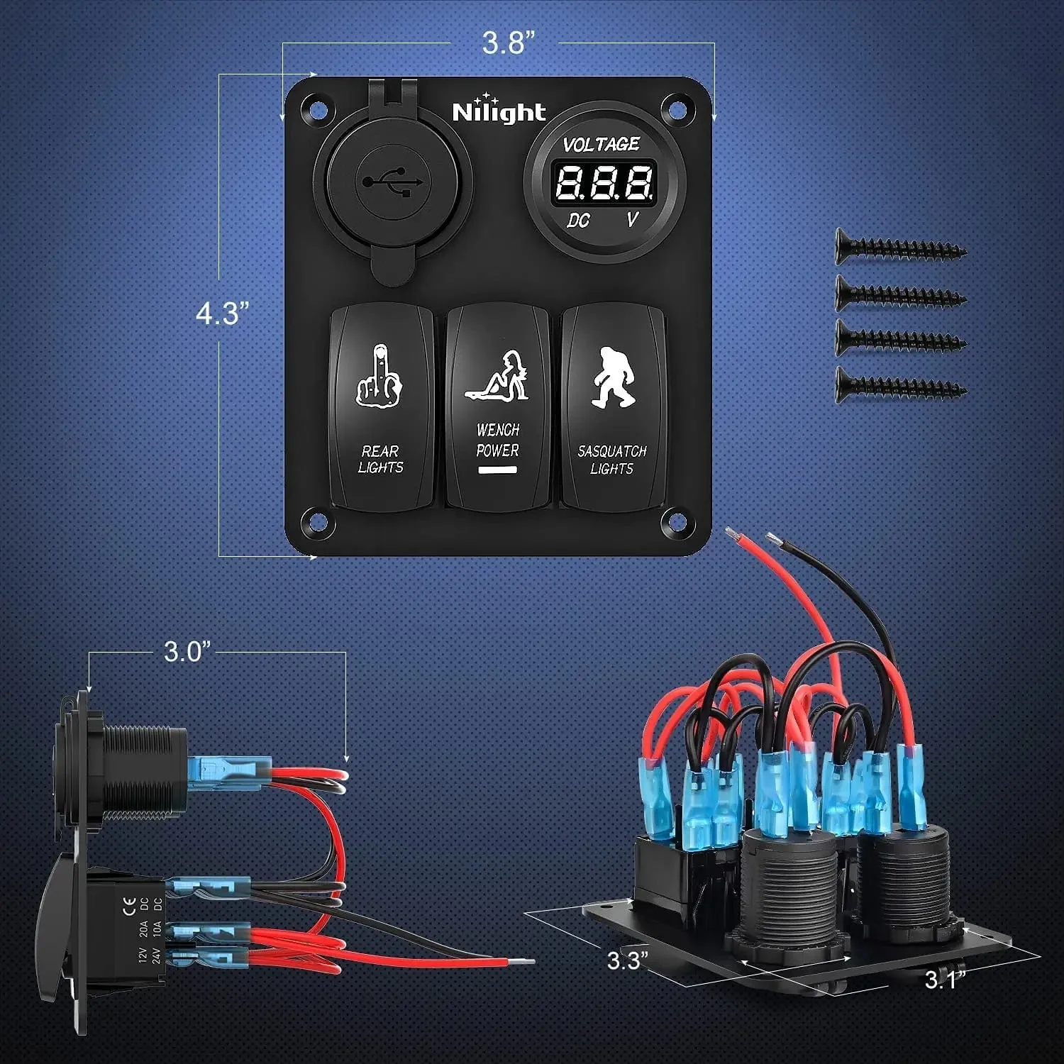3Gang Sasquatch Lights/Wench Power/Rear Lights 5Pin ON/Off Rocker Switch Panel W/ USB Charger LED Voltmeter