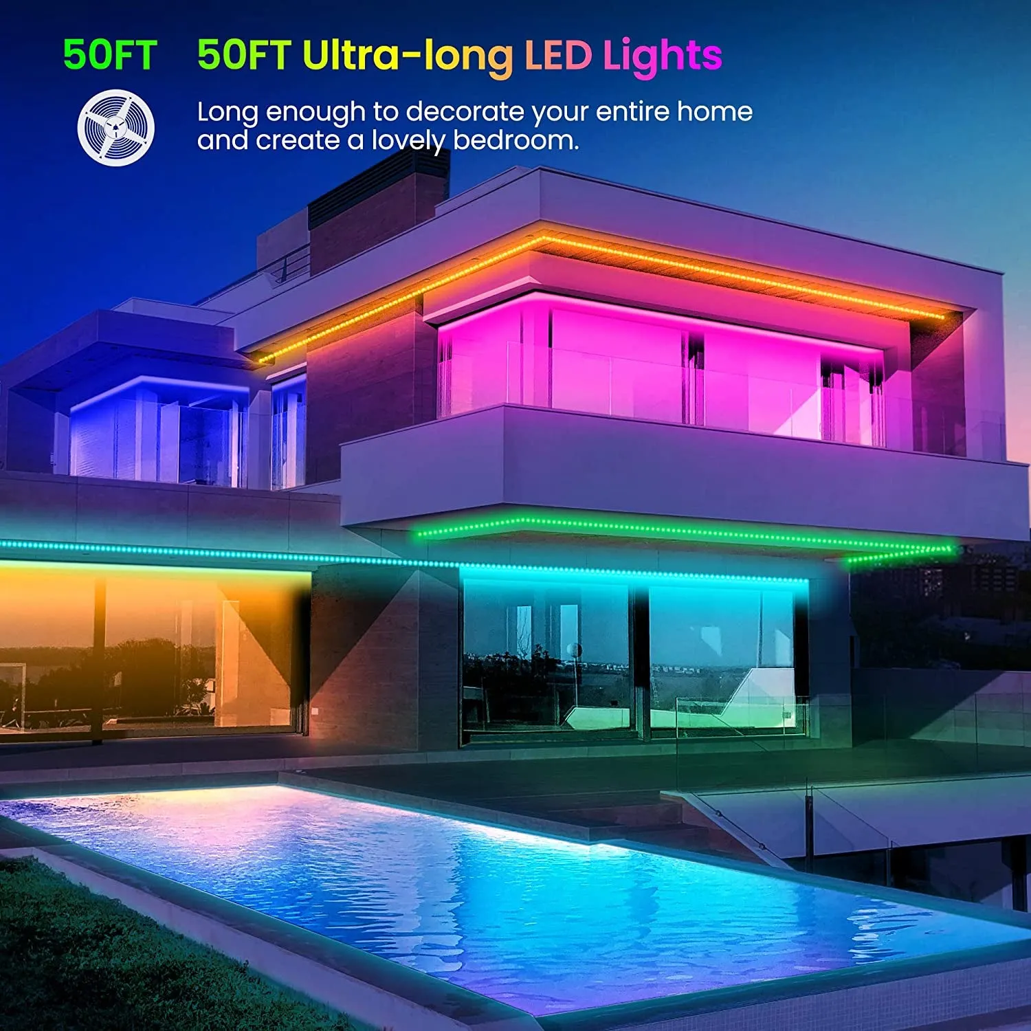 50 FT LED Strip Lights, Bluetooth LED Lights, Color Changing Light Strip with Music Sync