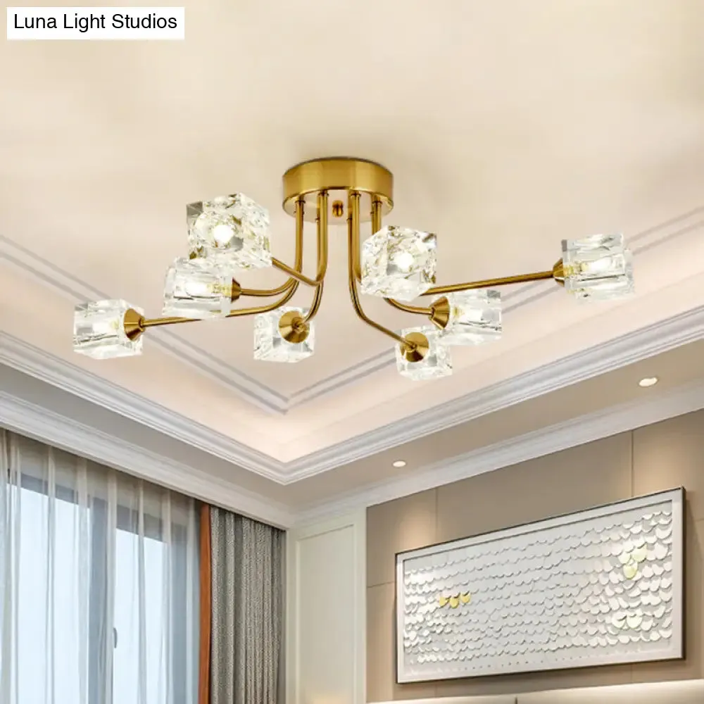 8-Head Cubic Crystal Ceiling Light Fixture in Gold- Postmodern Curved Arm Semi Flush Mount