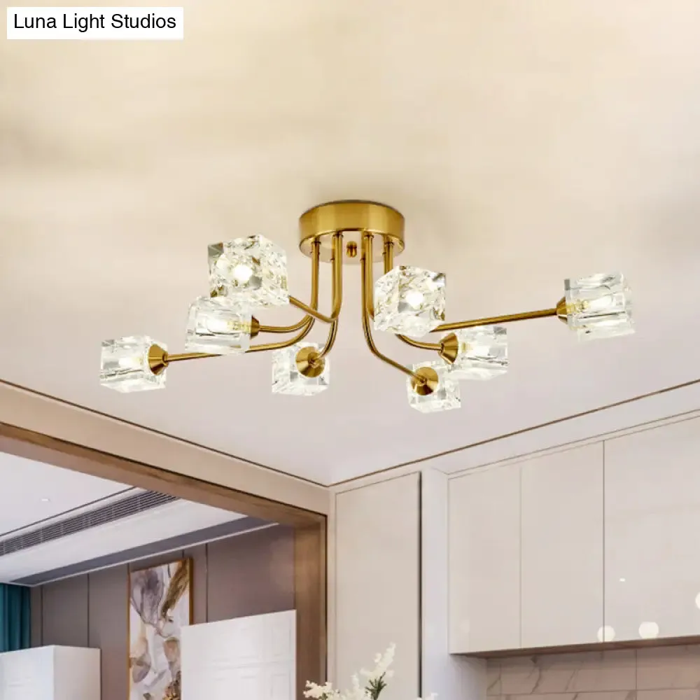 8-Head Cubic Crystal Ceiling Light Fixture in Gold- Postmodern Curved Arm Semi Flush Mount