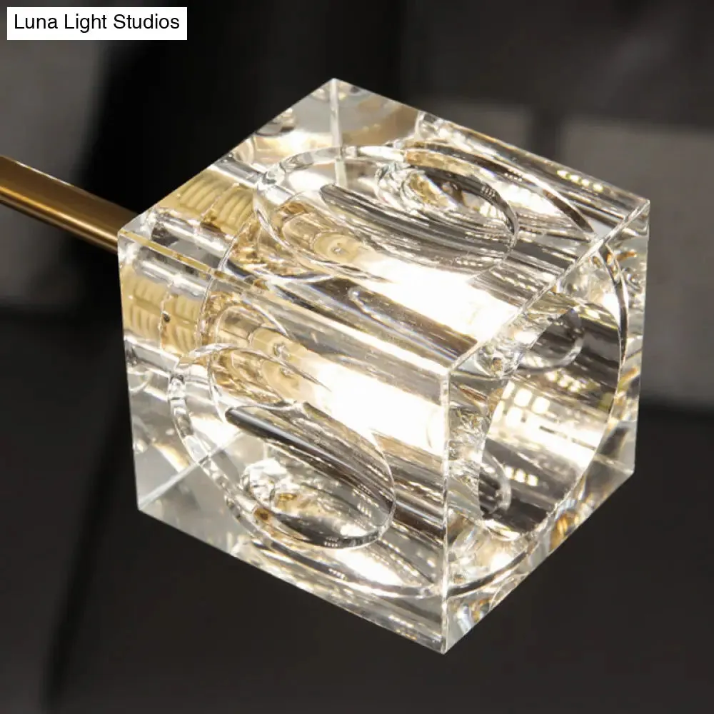 8-Head Cubic Crystal Ceiling Light Fixture in Gold- Postmodern Curved Arm Semi Flush Mount