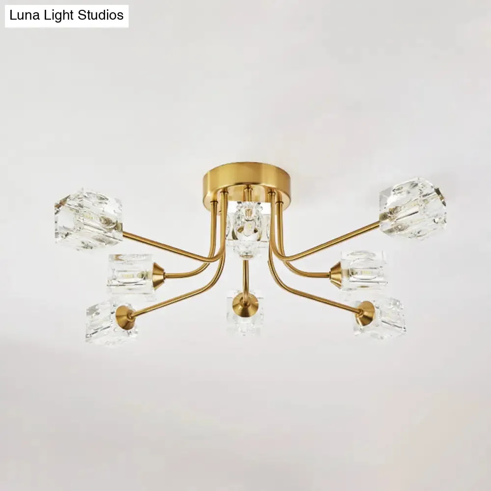8-Head Cubic Crystal Ceiling Light Fixture in Gold- Postmodern Curved Arm Semi Flush Mount