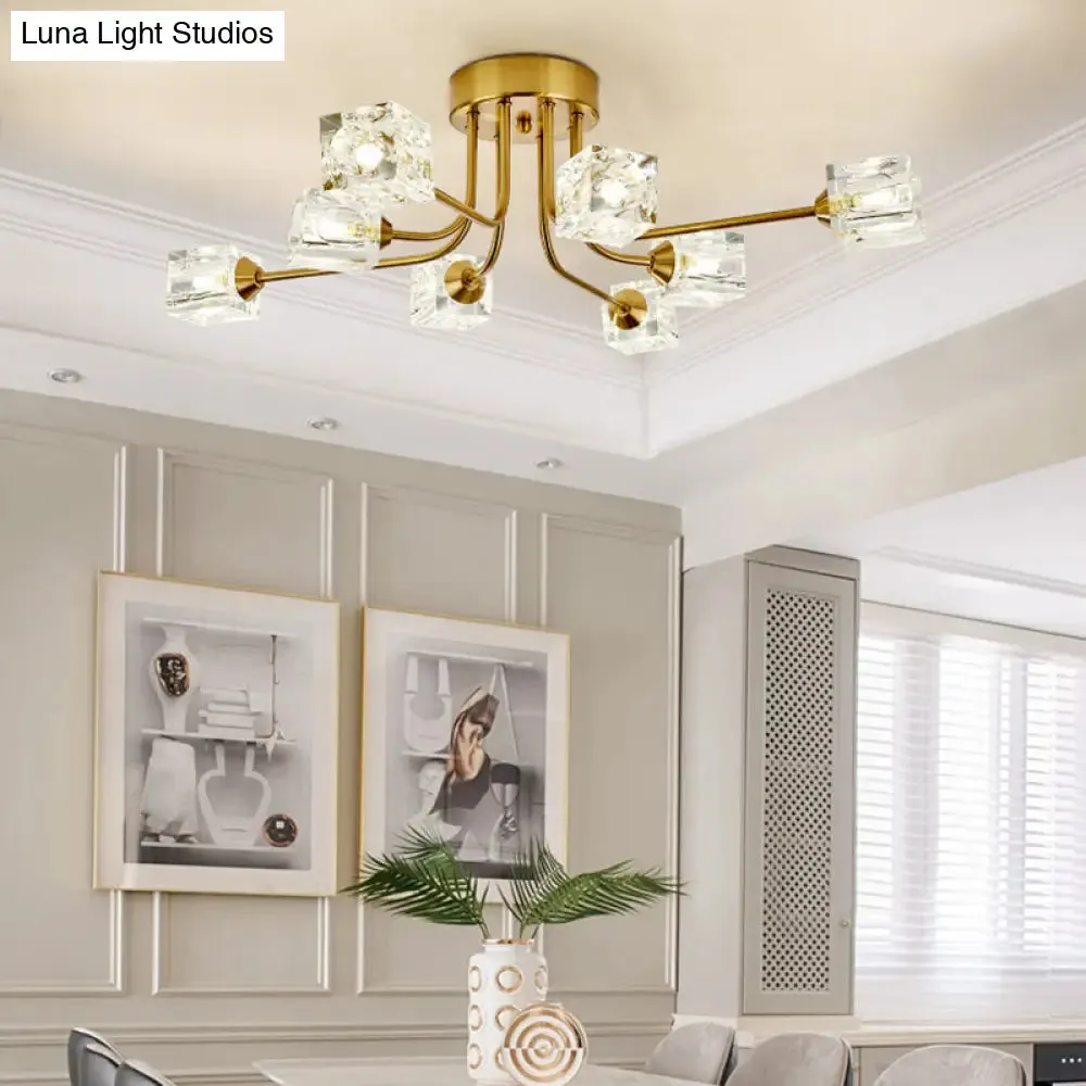 8-Head Cubic Crystal Ceiling Light Fixture in Gold- Postmodern Curved Arm Semi Flush Mount