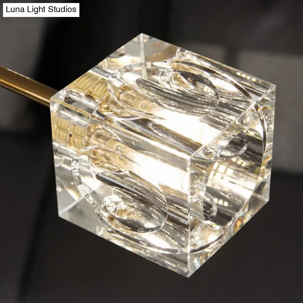 8-Head Cubic Crystal Ceiling Light Fixture in Gold- Postmodern Curved Arm Semi Flush Mount