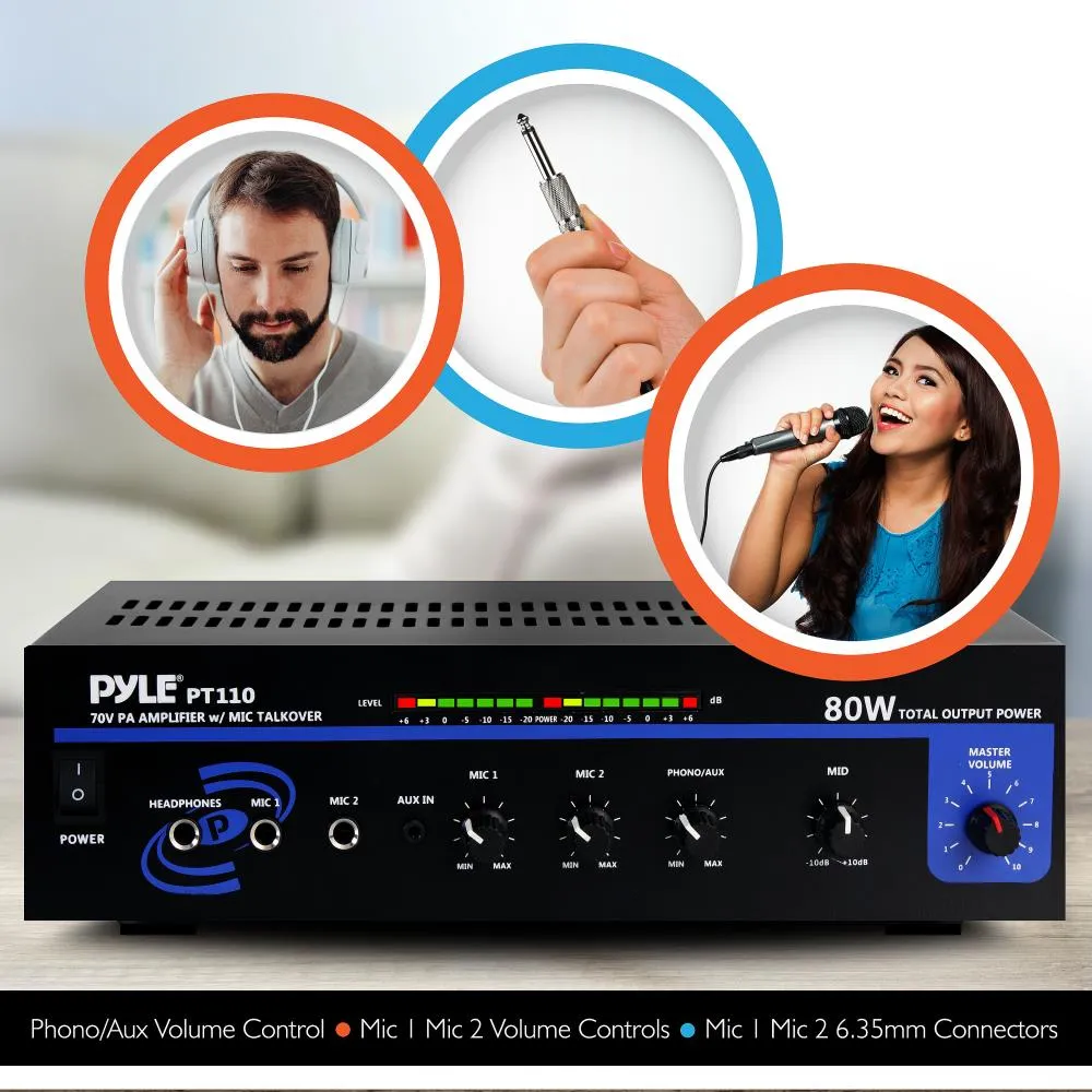 80 Watt Ac/Dc Microphone Pa Mono Amplifier With Usb/Sd/Fm/Bt - Led Level Display W/ 70V Output & Mic Talkover