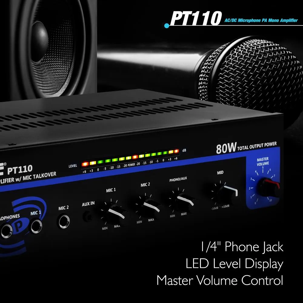 80 Watt Ac/Dc Microphone Pa Mono Amplifier With Usb/Sd/Fm/Bt - Led Level Display W/ 70V Output & Mic Talkover
