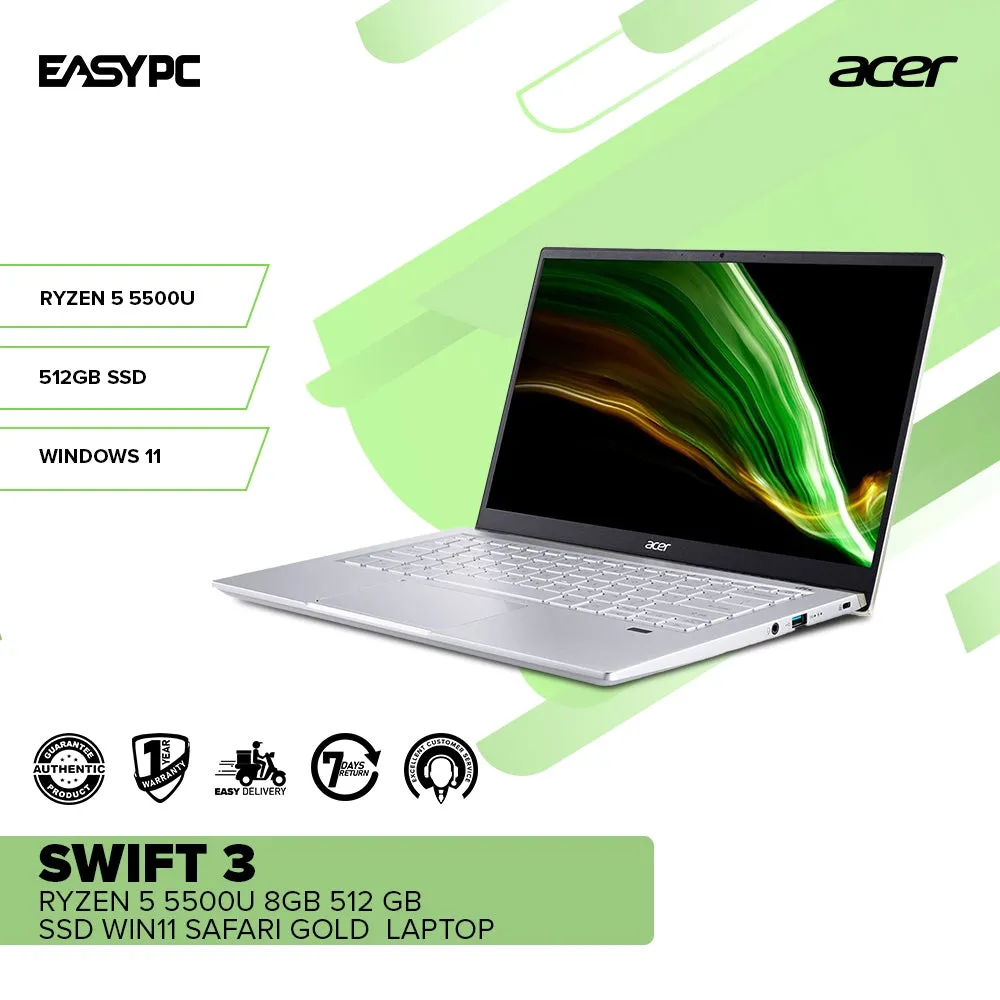 Acer Swift 3 SF314-43-R06N 14" Ryzen 5 5500U AMD Radeon 8GB 512 GB SSD Windows11 Laptop Safari Gold