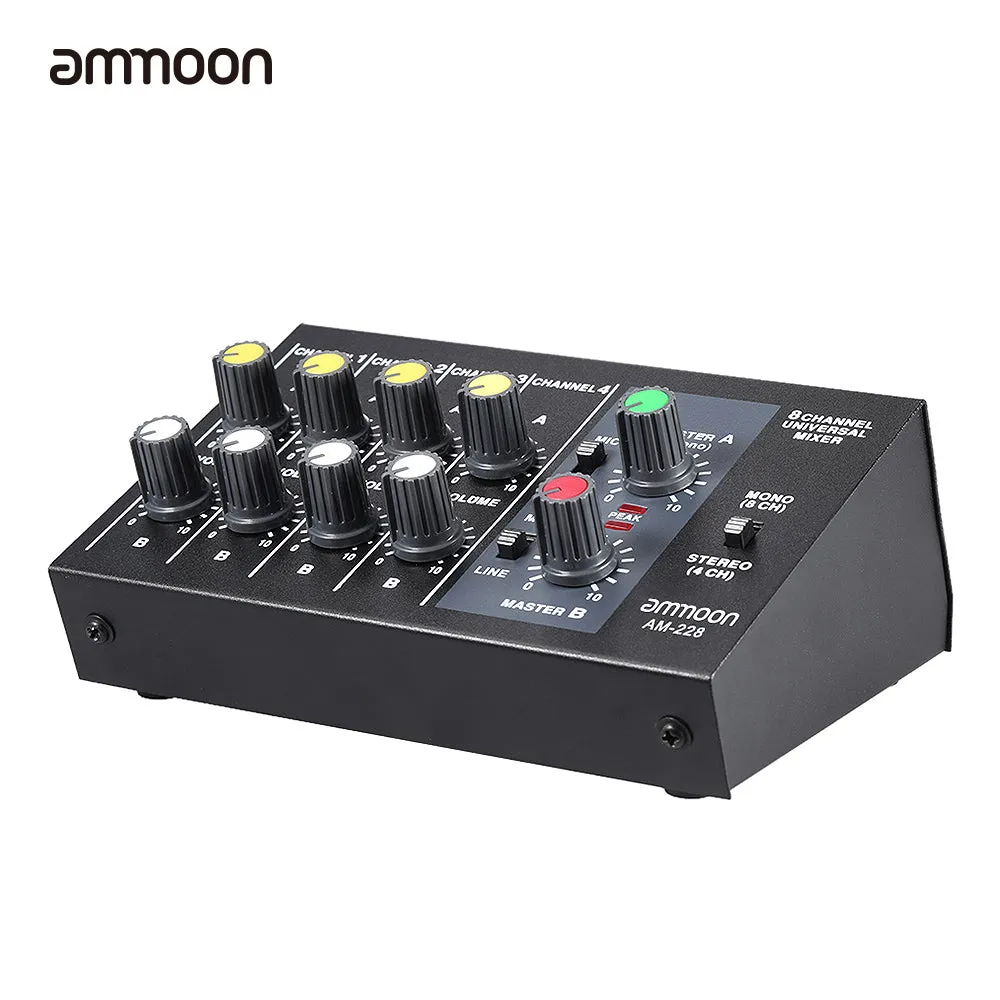 AM-228 Ultra-compact Low Noise 8 Channels Metal Mono Stereo Audio Sound Mixer with Power Adapter Cable