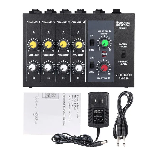 AM-228 Ultra-compact Low Noise 8 Channels Metal Mono Stereo Audio Sound Mixer with Power Adapter Cable