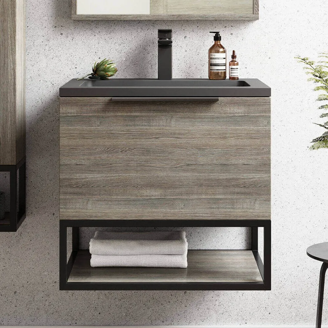 Ambience 600mm Wall Hung LED Vanity Unit And Basin Grey Oak, Grey or White Basin and Optional Frame