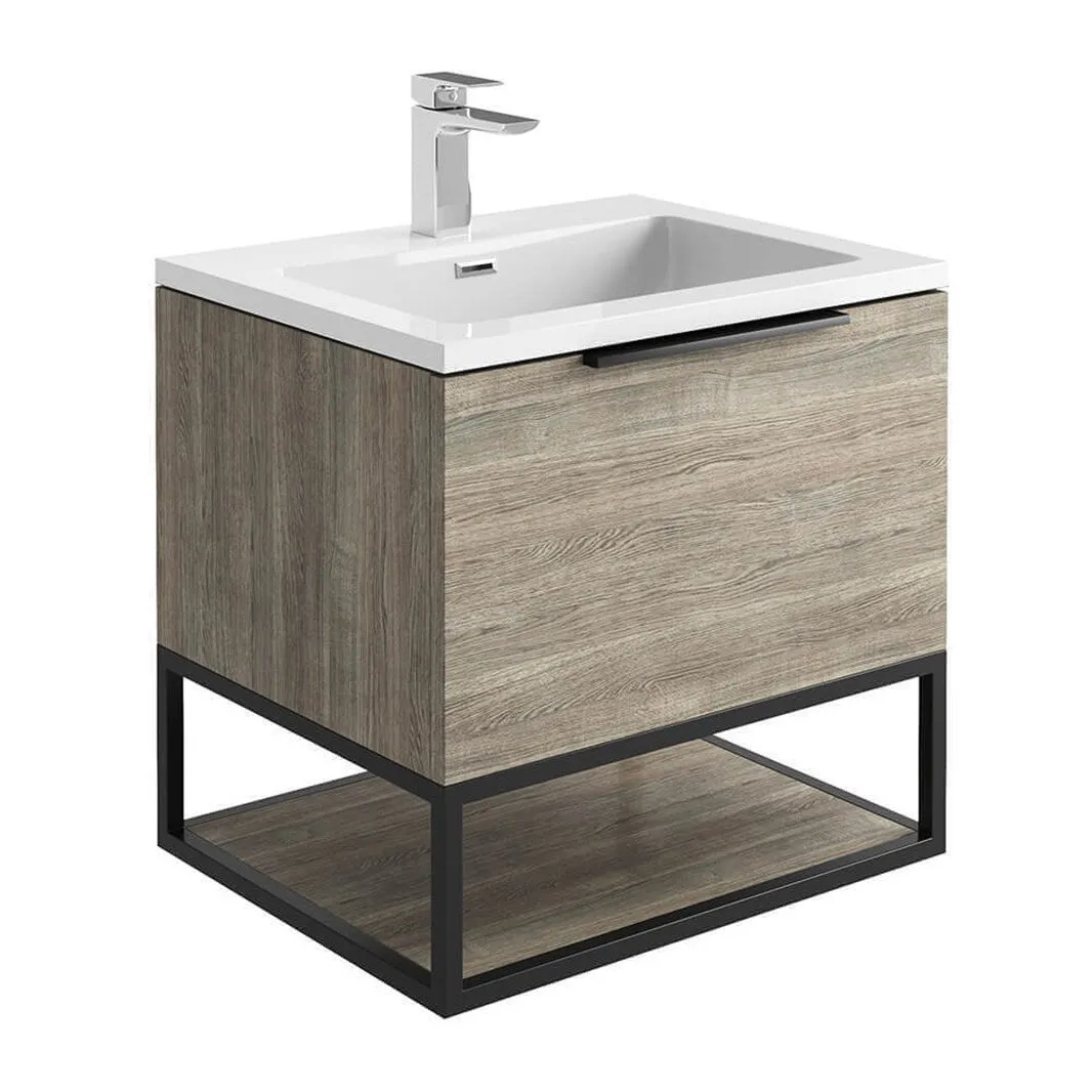 Ambience 600mm Wall Hung LED Vanity Unit And Basin Grey Oak, Grey or White Basin and Optional Frame