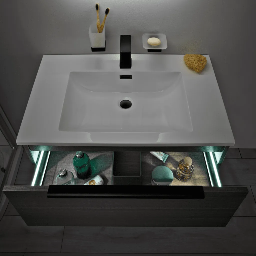Ambience 600mm Wall Hung LED Vanity Unit And Basin Grey Oak, Grey or White Basin and Optional Frame