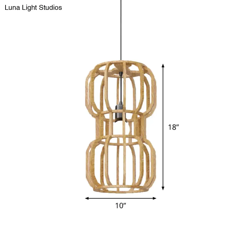 Asian Wood Dumbbell Pendant Light - 1 Head Beige Hanging Lamp Kit - Restaurant Décor