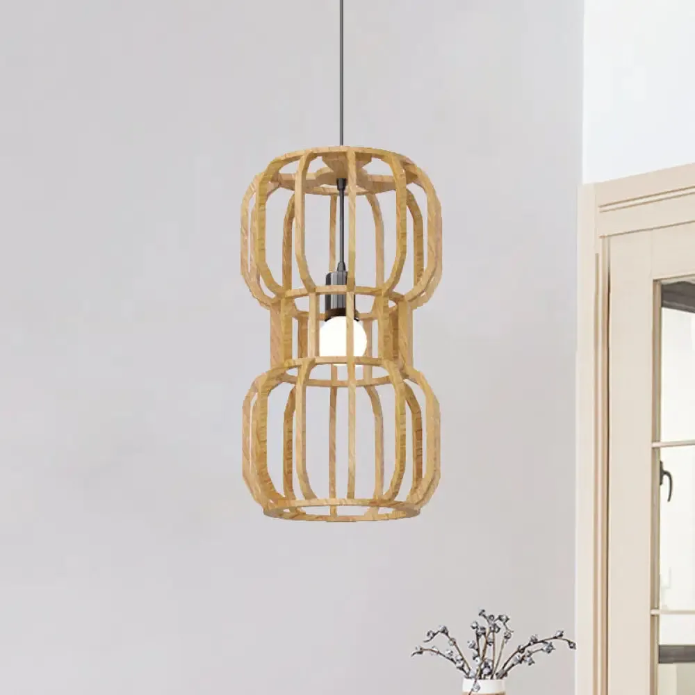 Asian Wood Dumbbell Pendant Light - 1 Head Beige Hanging Lamp Kit - Restaurant Décor