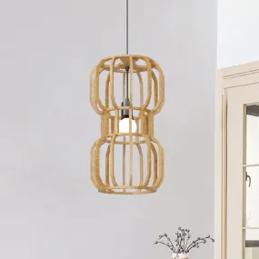 Asian Wood Dumbbell Pendant Light - 1 Head Beige Hanging Lamp Kit - Restaurant Décor