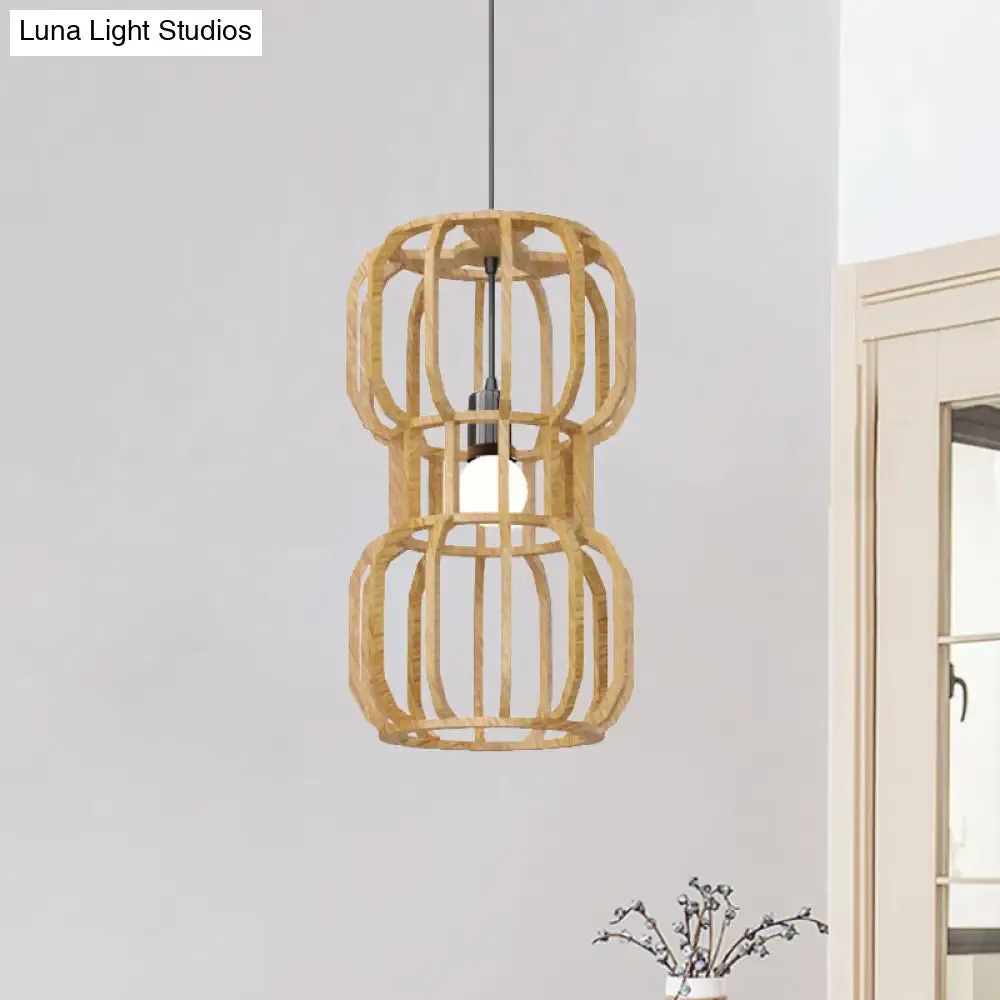 Asian Wood Dumbbell Pendant Light - 1 Head Beige Hanging Lamp Kit - Restaurant Décor