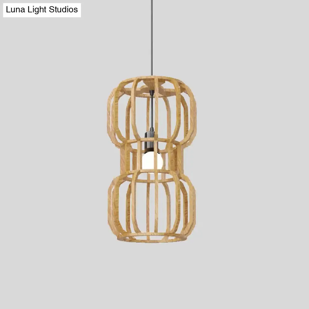 Asian Wood Dumbbell Pendant Light - 1 Head Beige Hanging Lamp Kit - Restaurant Décor