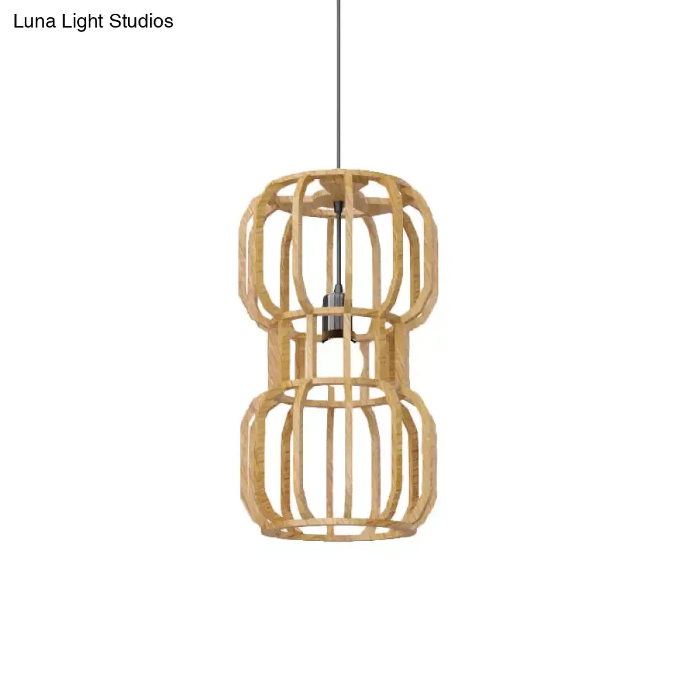 Asian Wood Dumbbell Pendant Light - 1 Head Beige Hanging Lamp Kit - Restaurant Décor