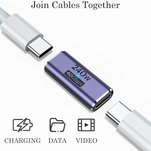 AuviPal 240W USB C Coupler (2 Pack), USB Type C Female to Female Adapter Extender Compatible with Thunderbolt 4/3 Support up to 240W Charging, 40Gbps Data Transfer and 8K@60Hz Video