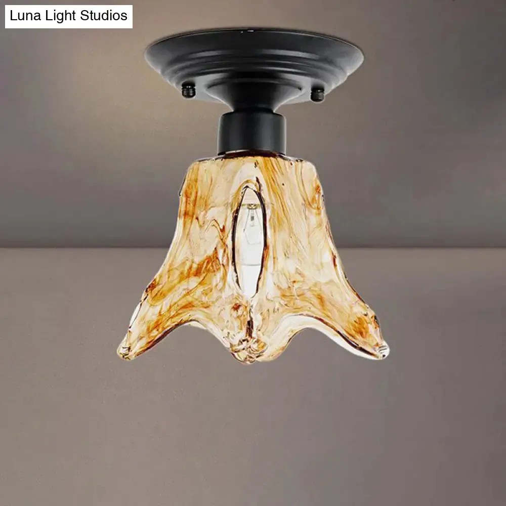 Black Flower Shaped Flush Mount Lamp with Classic Tan Textured Glass for Living Room Ceiling