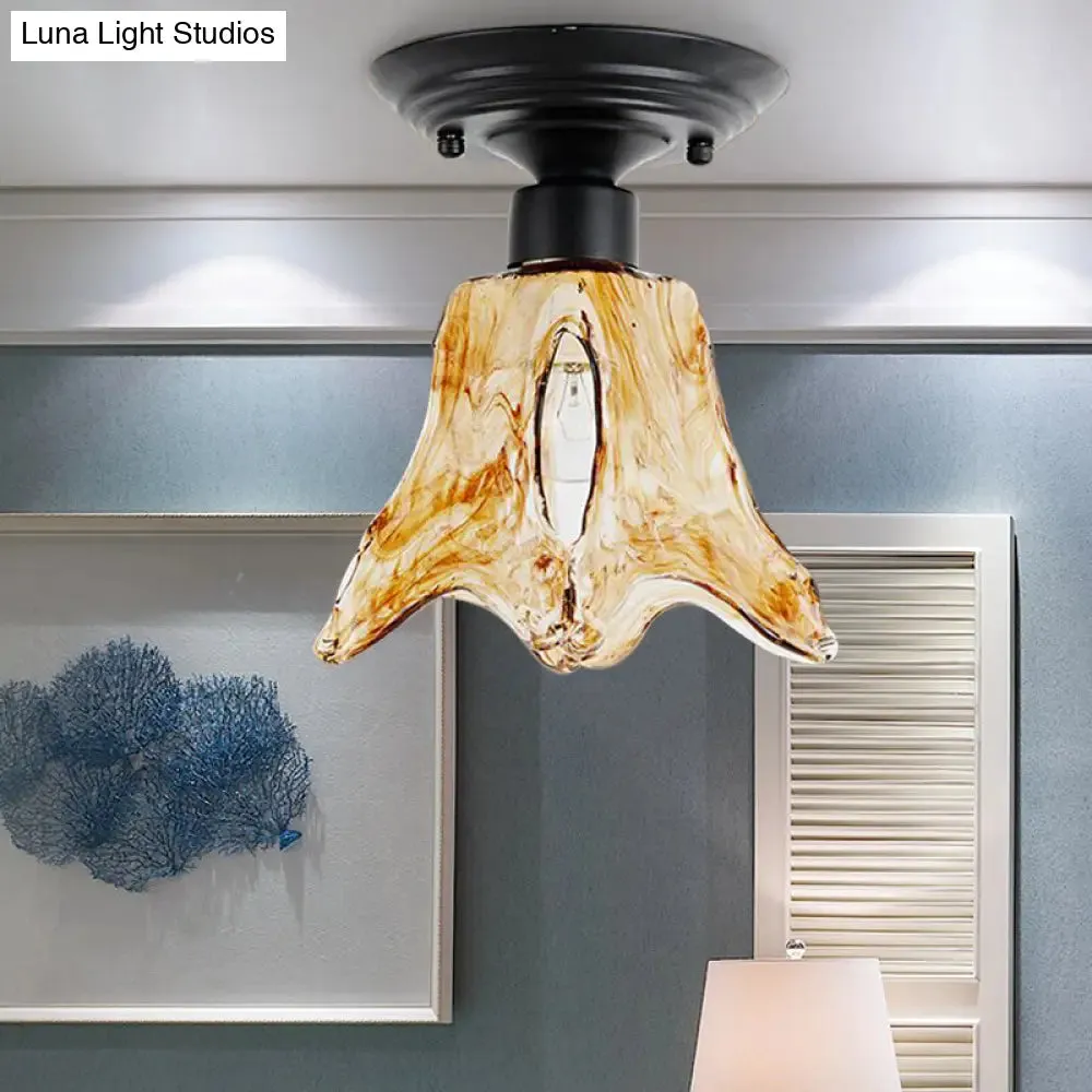 Black Flower Shaped Flush Mount Lamp with Classic Tan Textured Glass for Living Room Ceiling