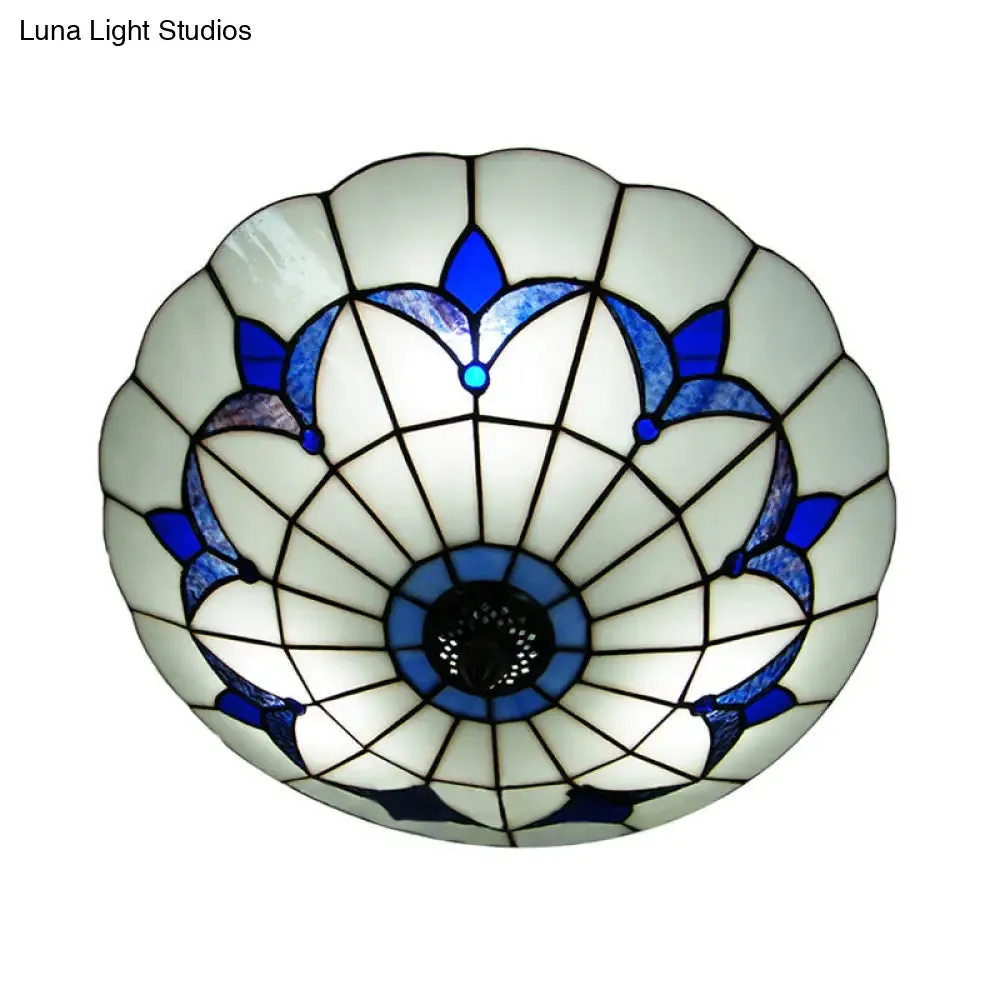Blue Stained Glass Ceiling Light - Tiffany Style, Floral Shade - 3-Light Flush Mount for Bedroom