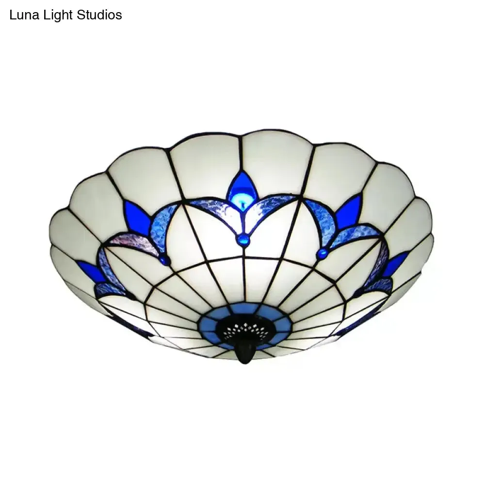 Blue Stained Glass Ceiling Light - Tiffany Style, Floral Shade - 3-Light Flush Mount for Bedroom