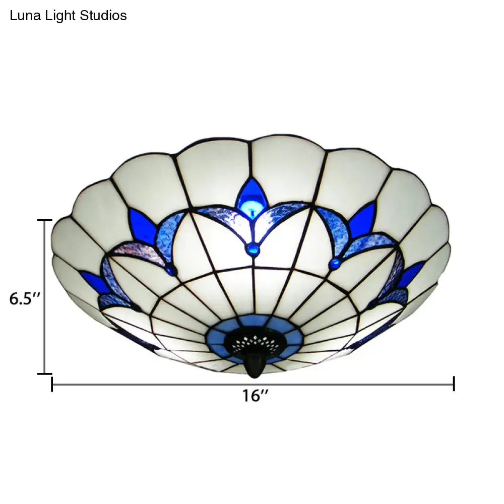 Blue Stained Glass Ceiling Light - Tiffany Style, Floral Shade - 3-Light Flush Mount for Bedroom