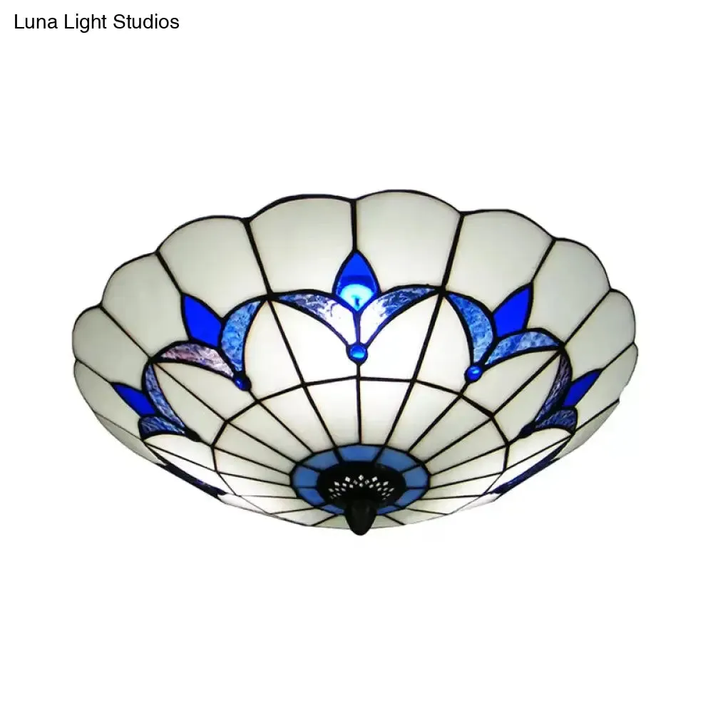 Blue Stained Glass Ceiling Light - Tiffany Style, Floral Shade - 3-Light Flush Mount for Bedroom