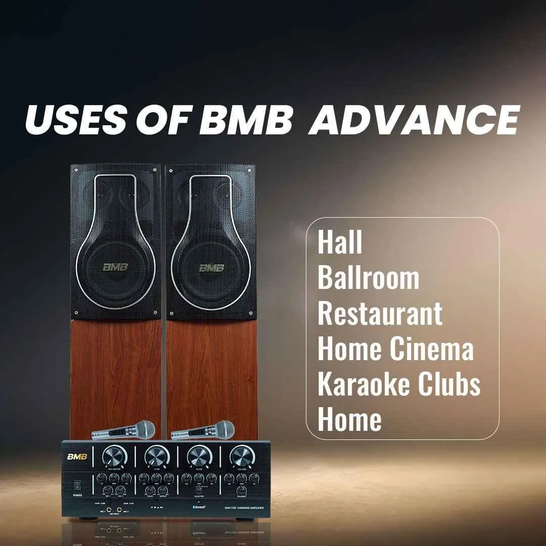 BMB Advance 150 150W RMS Dynamic Stereo Speakers with 2 Dynamic Mic, Paper Cone 20CM Wooden Woofers, 3 Equalizer Bands, 8 ohms, Multi-Connectivity Home Theater Compatible with LED/LCD TVs
