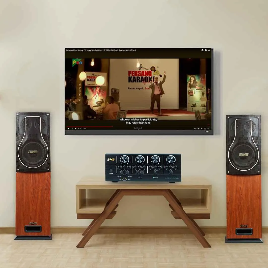 BMB Advance 150 150W RMS Dynamic Stereo Speakers with 2 Dynamic Mic, Paper Cone 20CM Wooden Woofers, 3 Equalizer Bands, 8 ohms, Multi-Connectivity Home Theater Compatible with LED/LCD TVs