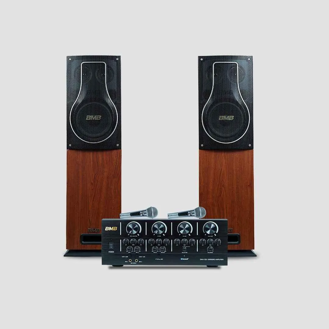 BMB Advance 150 150W RMS Dynamic Stereo Speakers with 2 Dynamic Mic, Paper Cone 20CM Wooden Woofers, 3 Equalizer Bands, 8 ohms, Multi-Connectivity Home Theater Compatible with LED/LCD TVs