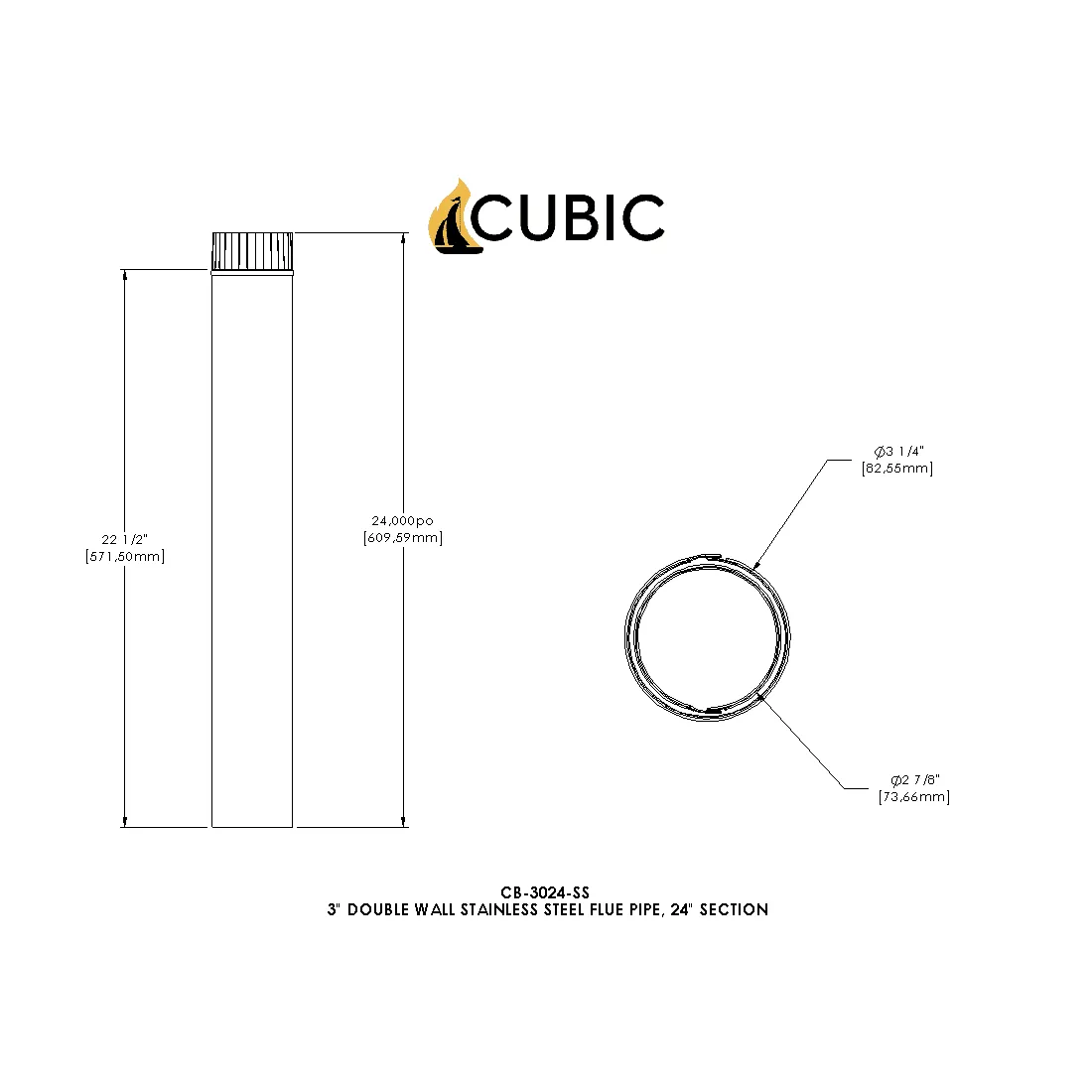 CB-3024-SS-3 Three 3" Stainless Steel Double Wall Flue Pipes, 24" Long
