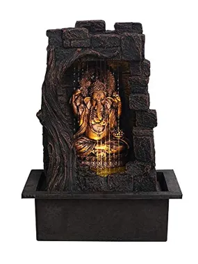 Chronikle Ganesha Polystone Curtain Style Indoor Table Top Water Fountain with LED Lights and Water Pump ( Brown,Golden, 42cm X 31cm X 23cm )