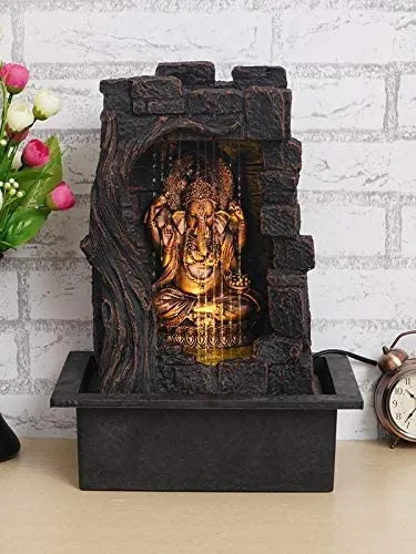 Chronikle Ganesha Polystone Curtain Style Indoor Table Top Water Fountain with LED Lights and Water Pump ( Brown,Golden, 42cm X 31cm X 23cm )