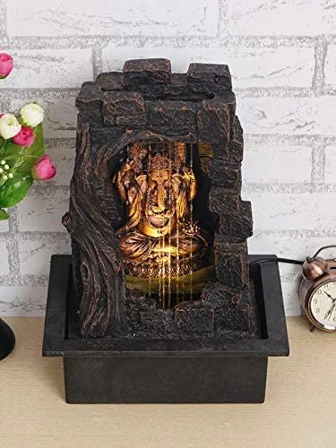 Chronikle Ganesha Polystone Curtain Style Indoor Table Top Water Fountain with LED Lights and Water Pump ( Brown,Golden, 42cm X 31cm X 23cm )