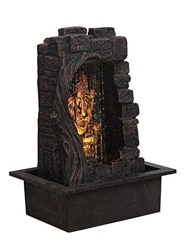 Chronikle Ganesha Polystone Curtain Style Indoor Table Top Water Fountain with LED Lights and Water Pump ( Brown,Golden, 42cm X 31cm X 23cm )