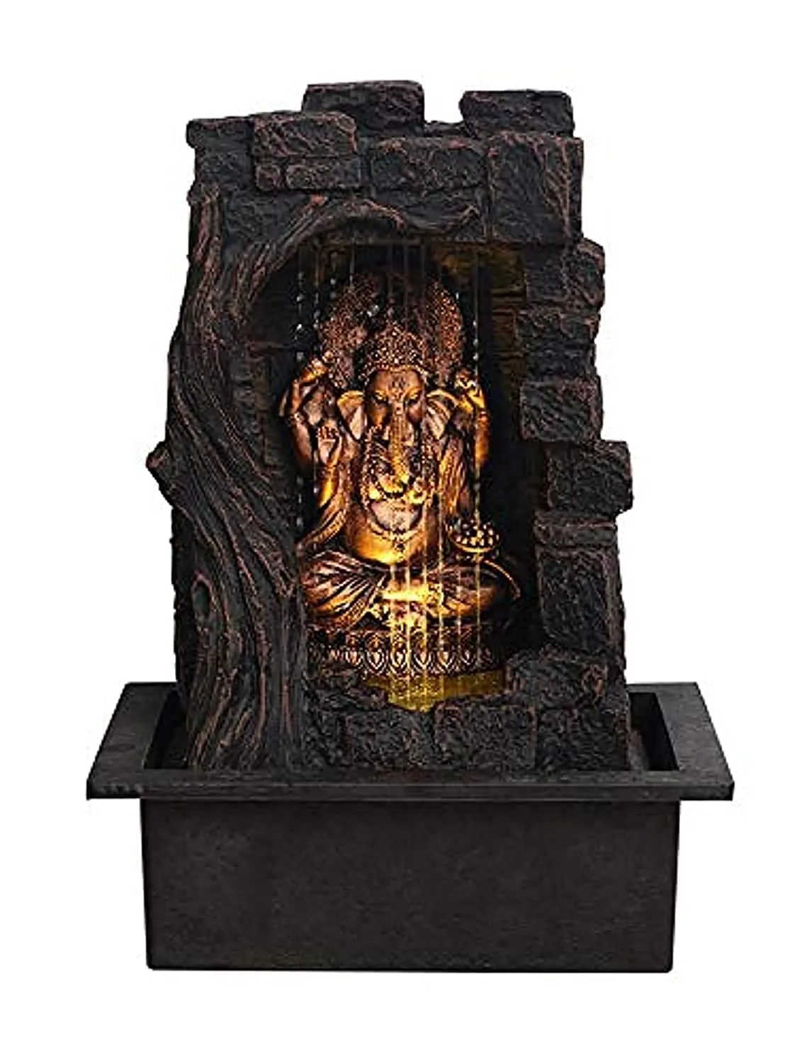 Chronikle Ganesha Polystone Curtain Style Indoor Table Top Water Fountain with LED Lights and Water Pump ( Brown,Golden, 42cm X 31cm X 23cm )
