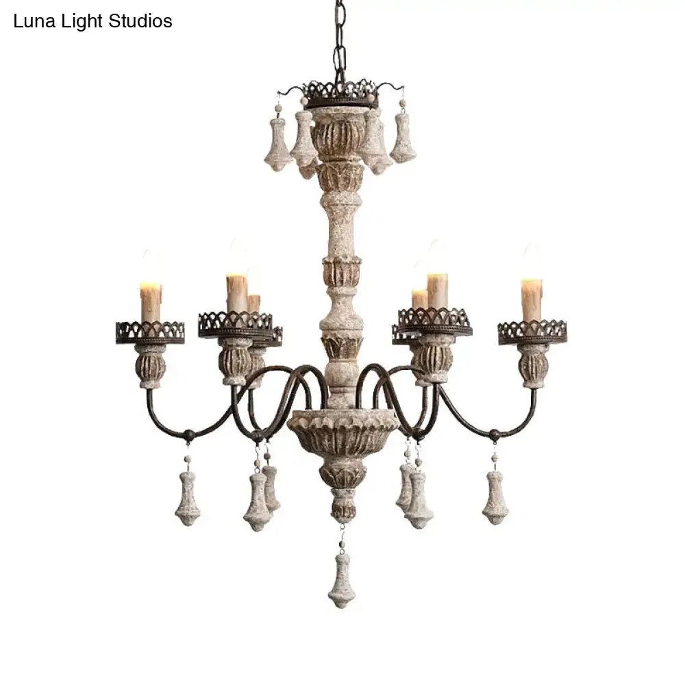 Classic Metal Curvy Arm Chandelier with 6 Bulbs - Distressed Wood Pendant Lamp for Living Room