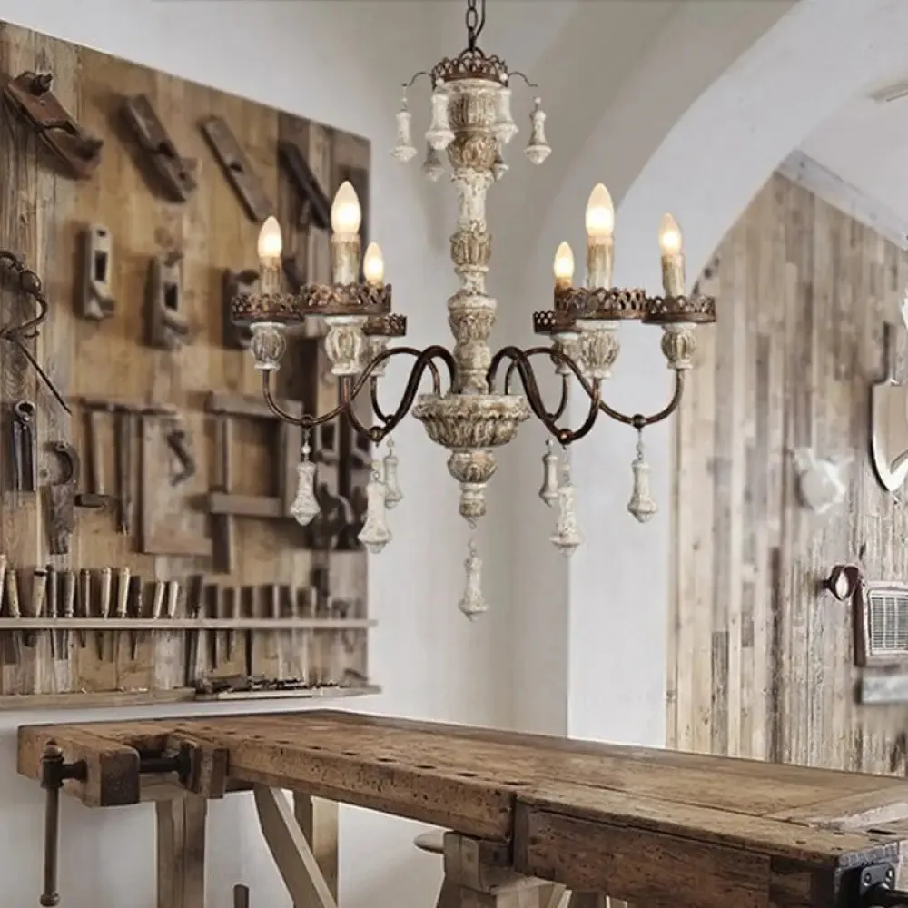 Classic Metal Curvy Arm Chandelier with 6 Bulbs - Distressed Wood Pendant Lamp for Living Room