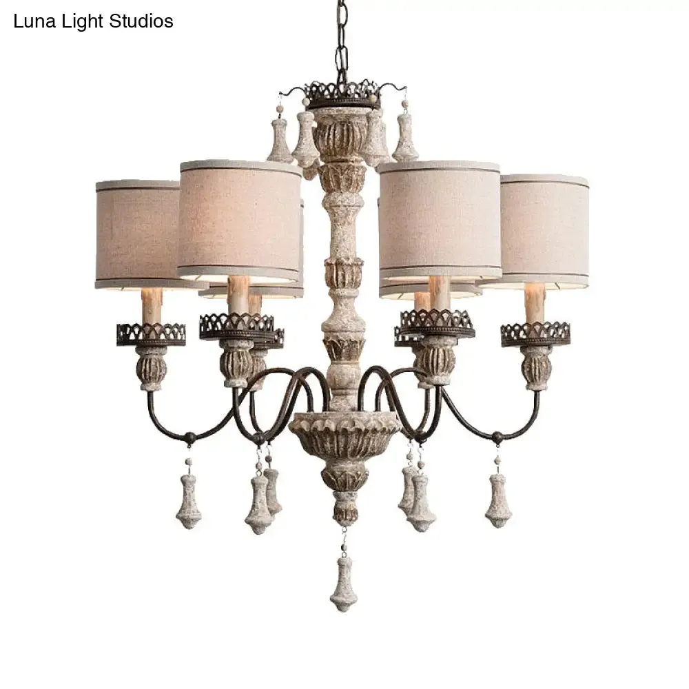 Classic Metal Curvy Arm Chandelier with 6 Bulbs - Distressed Wood Pendant Lamp for Living Room