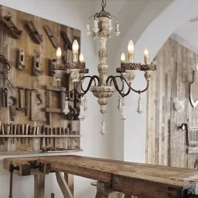 Classic Metal Curvy Arm Chandelier with 6 Bulbs - Distressed Wood Pendant Lamp for Living Room