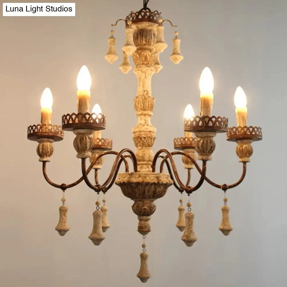 Classic Metal Curvy Arm Chandelier with 6 Bulbs - Distressed Wood Pendant Lamp for Living Room