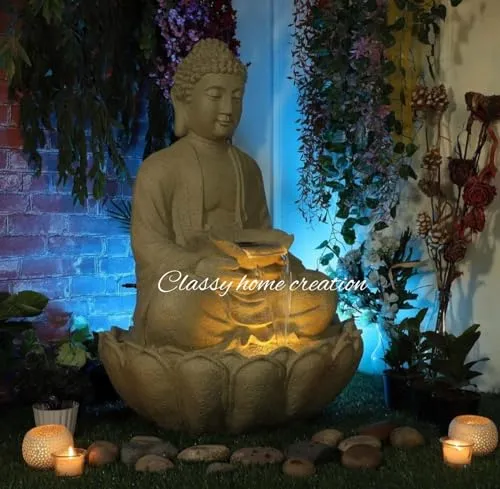 Classy Home Creation Garden Fountain with LED Light, Buddha Statue, Decorative Water Feature, Buddha Kamal Fountain 3 FEET Fiber (Multicolour)