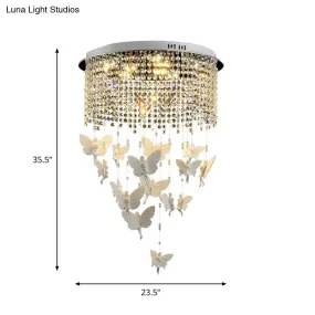 Contemporary Drum Flush Light with Clear Crystal Strand and LED Silver Ceiling Lighting - 19.5"/23.5" W - Warm/White Light Option - Butterfly Fairy Deco